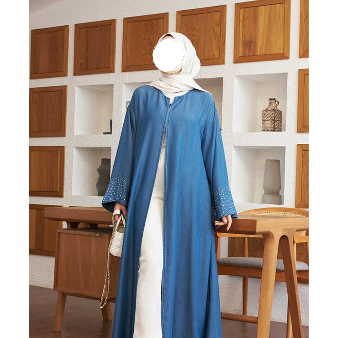 Denim Open Abaya with Rhinestone Embellished Sleeves - Stylish Islamic Denim Open Abaya with Rhinestone Embellished Sleeves - Stylish Islamic