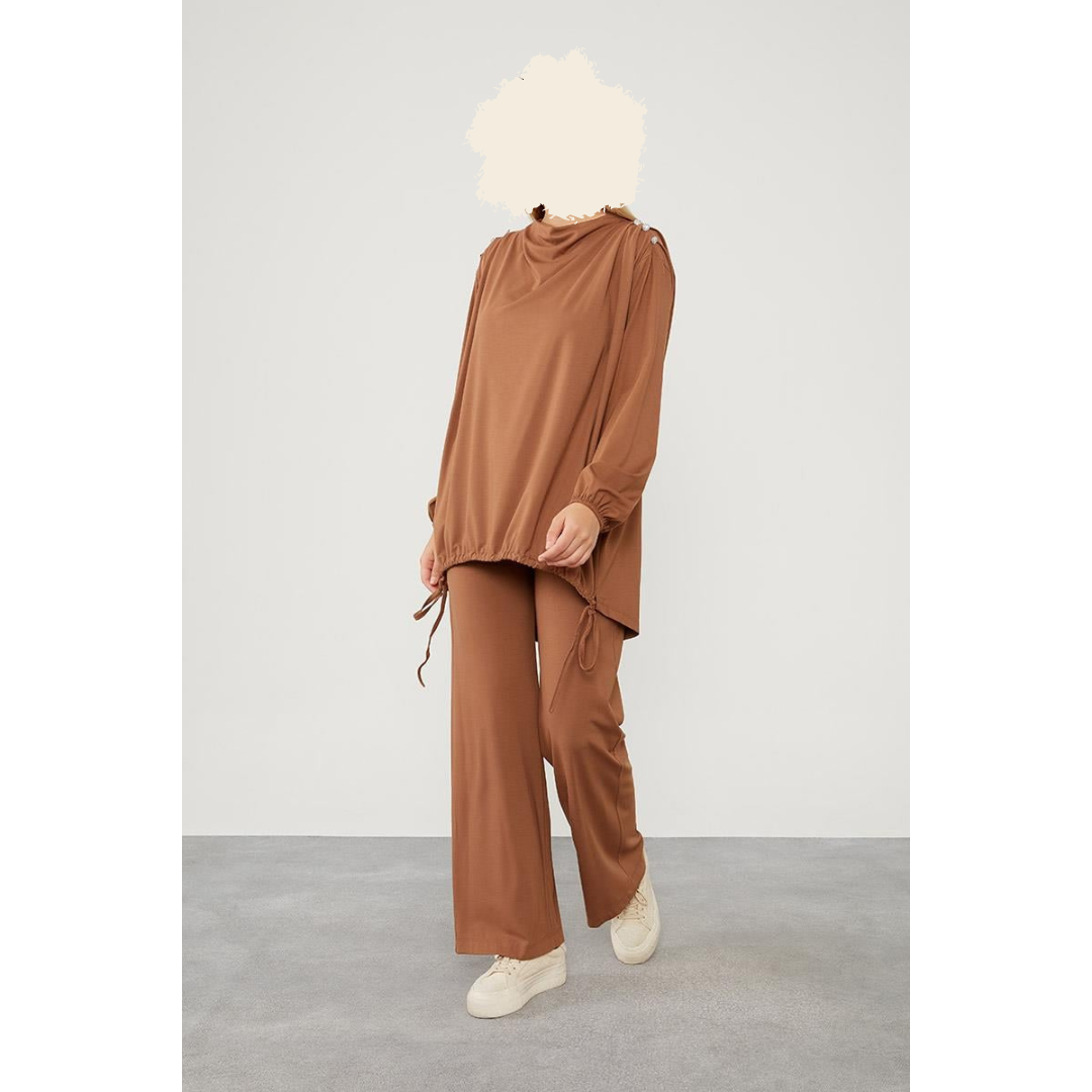Two Piece Jersey Suit with Detailed Shoulder Buttons