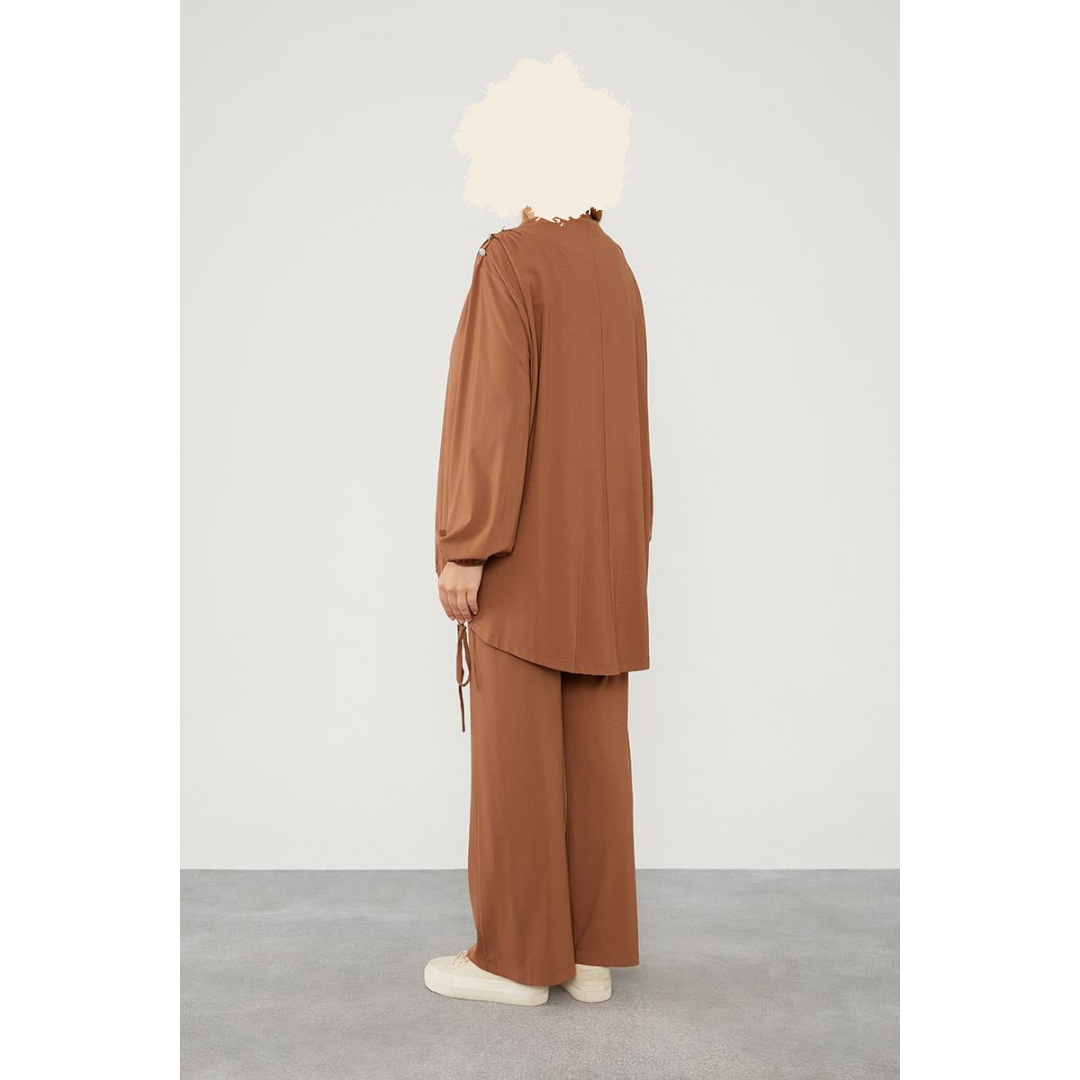 Two Piece Jersey Suit with Detailed Shoulder Buttons