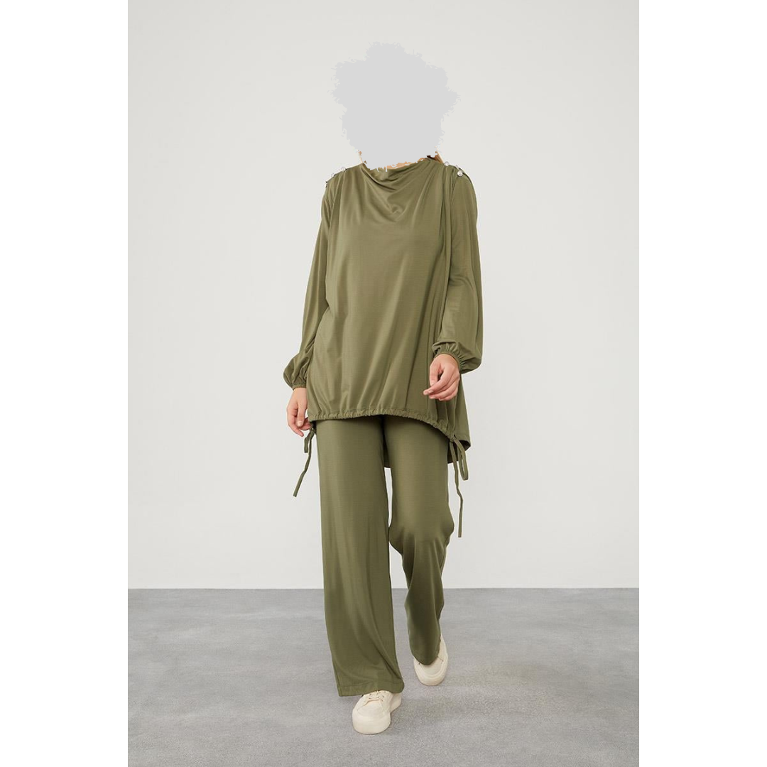 Two Piece Jersey Suit with Detailed Shoulder Buttons