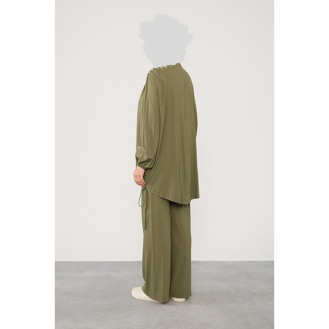 Two Piece Jersey Suit with Detailed Shoulder Buttons