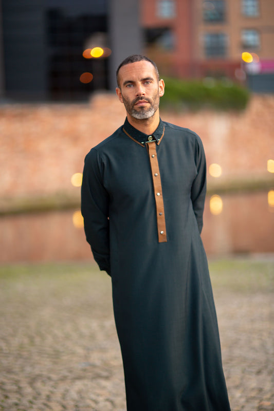 Midnight Green Thobe - Elegant Designer Muslim Wear from London