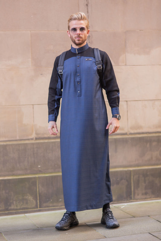 Quilted Blue Thobe - Elegant Designer Muslim Wear from London