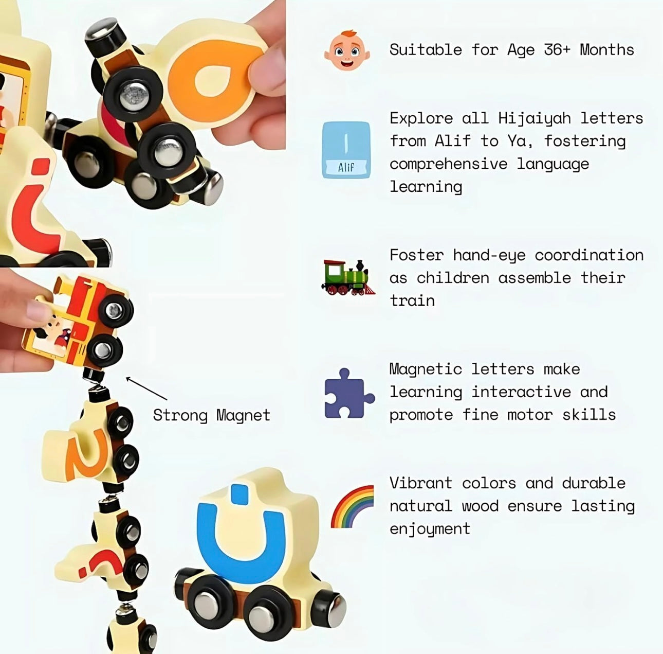 Arabic Alphabet Magnetic Train Toy – 29-Piece Natural Wood Set for Toddlers 36+ Months