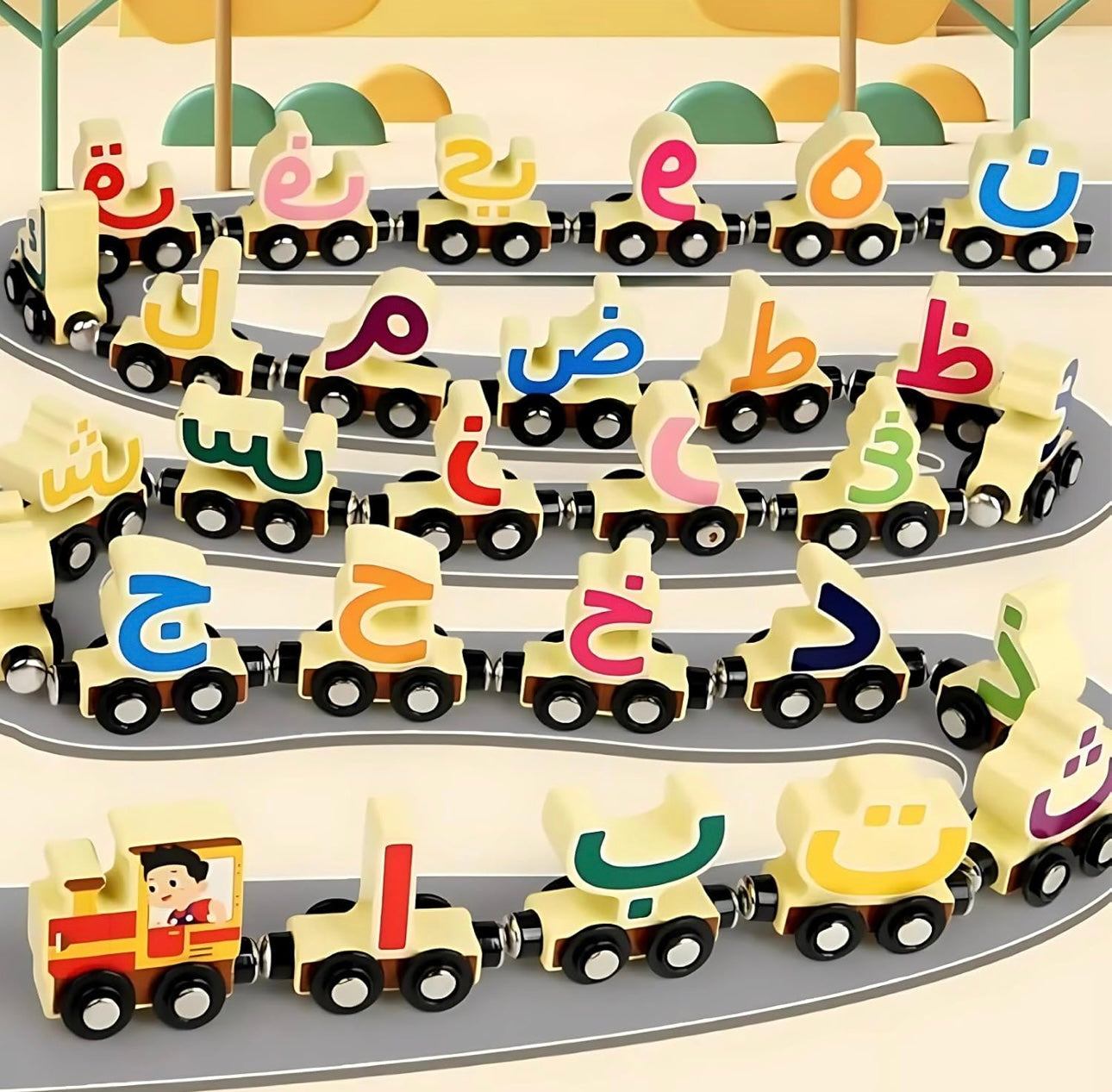 Arabic Alphabet Magnetic Train Toy – 29-Piece Natural Wood Set for Toddlers 36+ Months