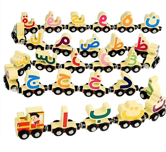 Arabic Alphabet Magnetic Train Toy – 29-Piece Natural Wood Set for Toddlers 36+ Months
