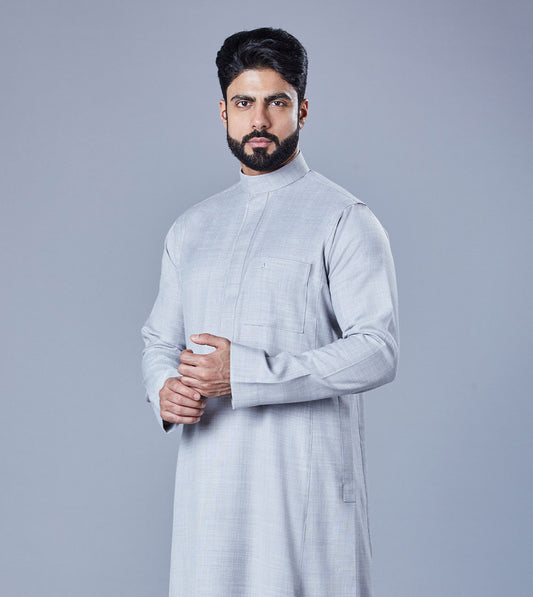 Grey Formal Thobe With Textured Fabric