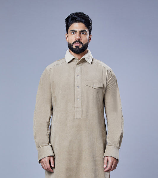 Casual Beige Thobe With Denim Fabric