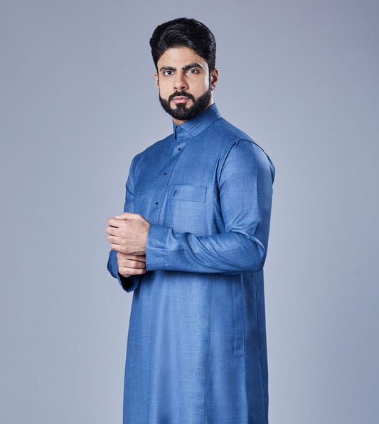 Blue Formal Thobe With Trimmed Collar
